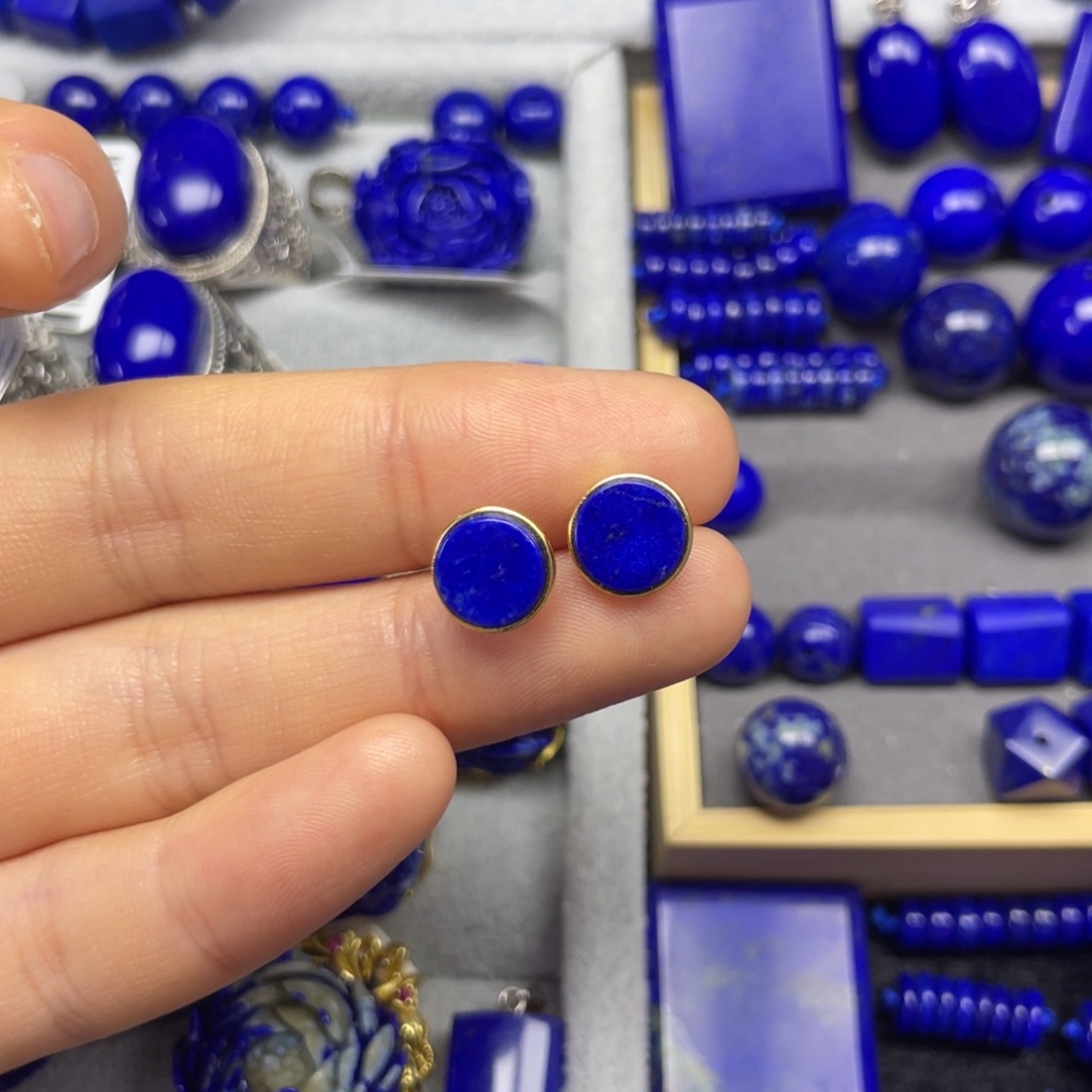 青金石耳钉银S925镶嵌格*