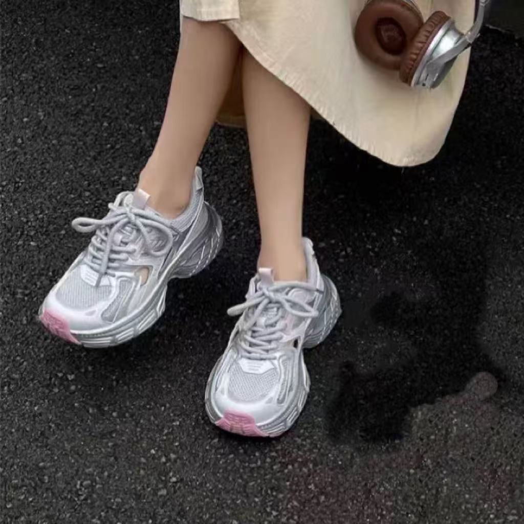 C7845 粉色  夏季镂空时尚老爹鞋女2025新款厚底增高休闲运动鞋