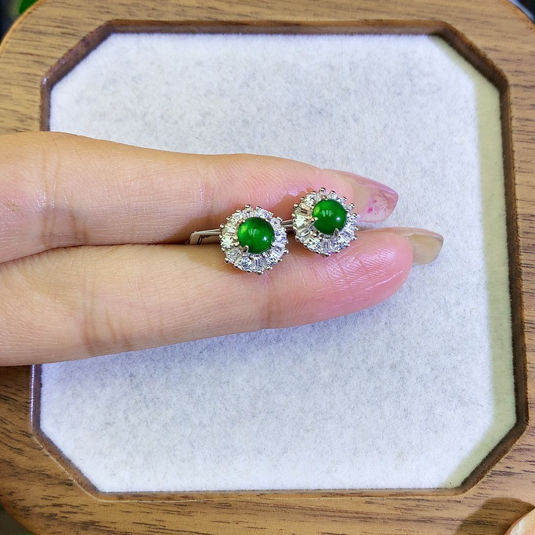 翡翠耳饰银S925镶嵌天然翡翠耳钉