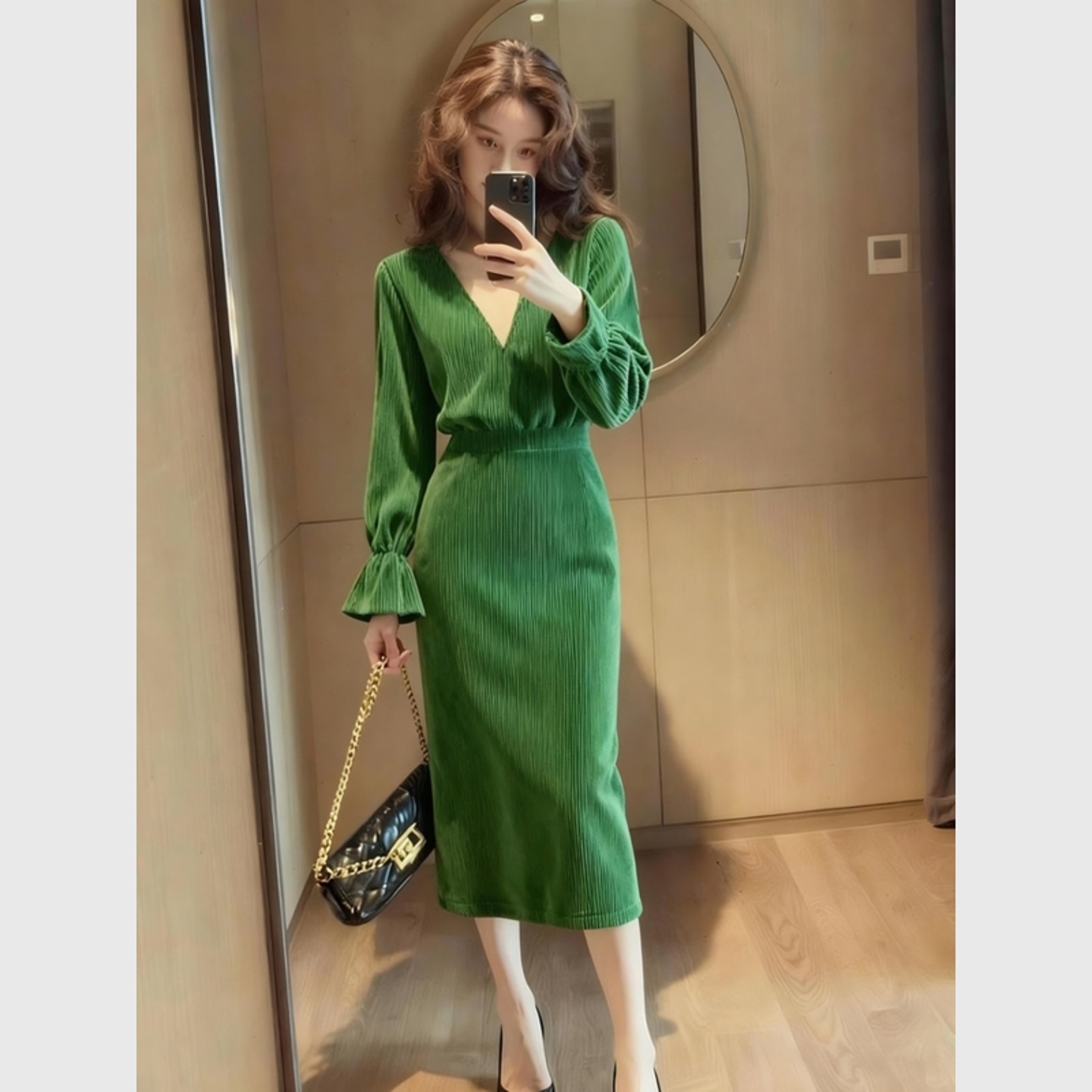 绿色喇叭袖V领灯芯绒连衣裙富家千金出席新款潮牌女装裙子秋冬款