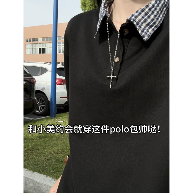 美式拼接格子polo衫短袖男女夏季设计感小众翻领格纹t恤情侣半袖