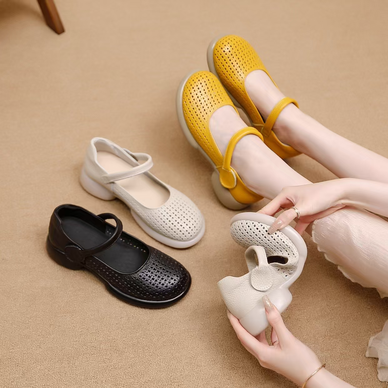 头层牛皮新款夏学院风一脚蹬镂空洞洞鞋时装凉鞋休闲凉鞋洞洞时尚