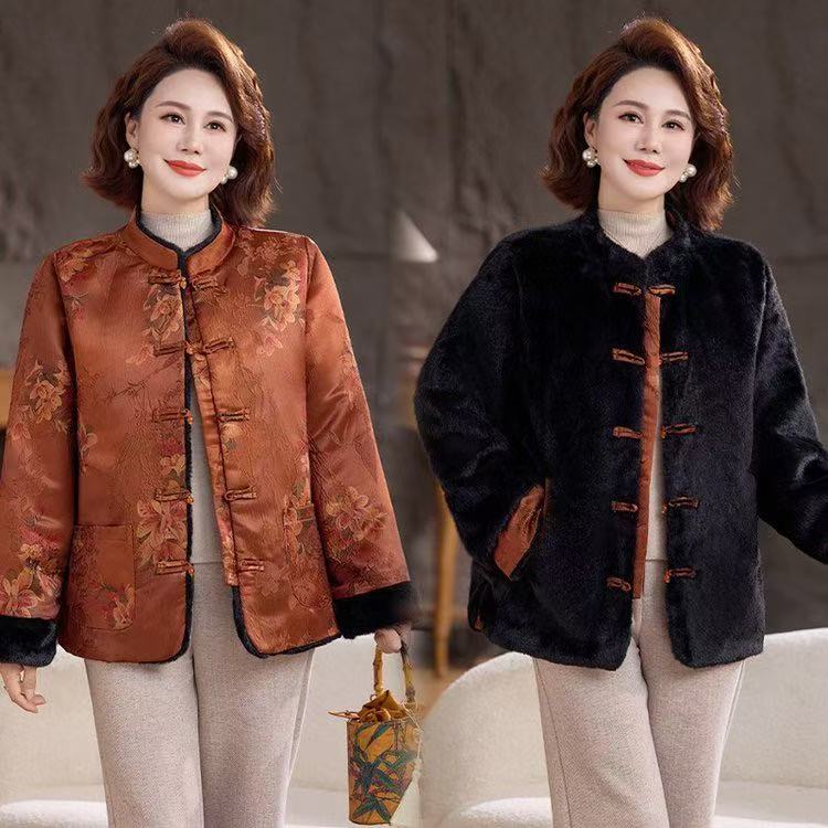 大码妈妈加绒加厚双面穿织花保暖棉服外套秋冬中老年洋气国风上衣