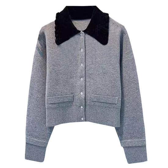 小香风娃娃领灰色上衣秋冬新品气质时尚拼接短款翻领针织开衫外套