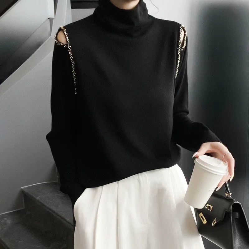 韩系新款百搭气质时尚重工烫钻双肩镂空半高领针织上衣