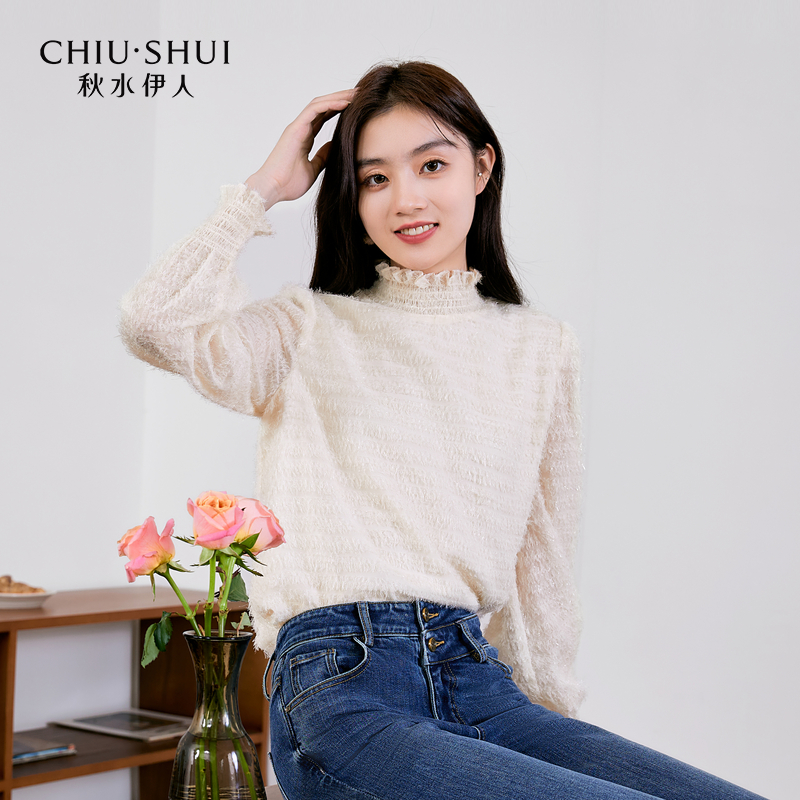 【小余专属】秋水伊人时尚减龄纯色蕾丝衫年冬季新款女半高领