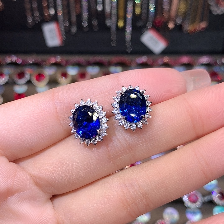 蓝宝石耳饰银S925镶嵌810