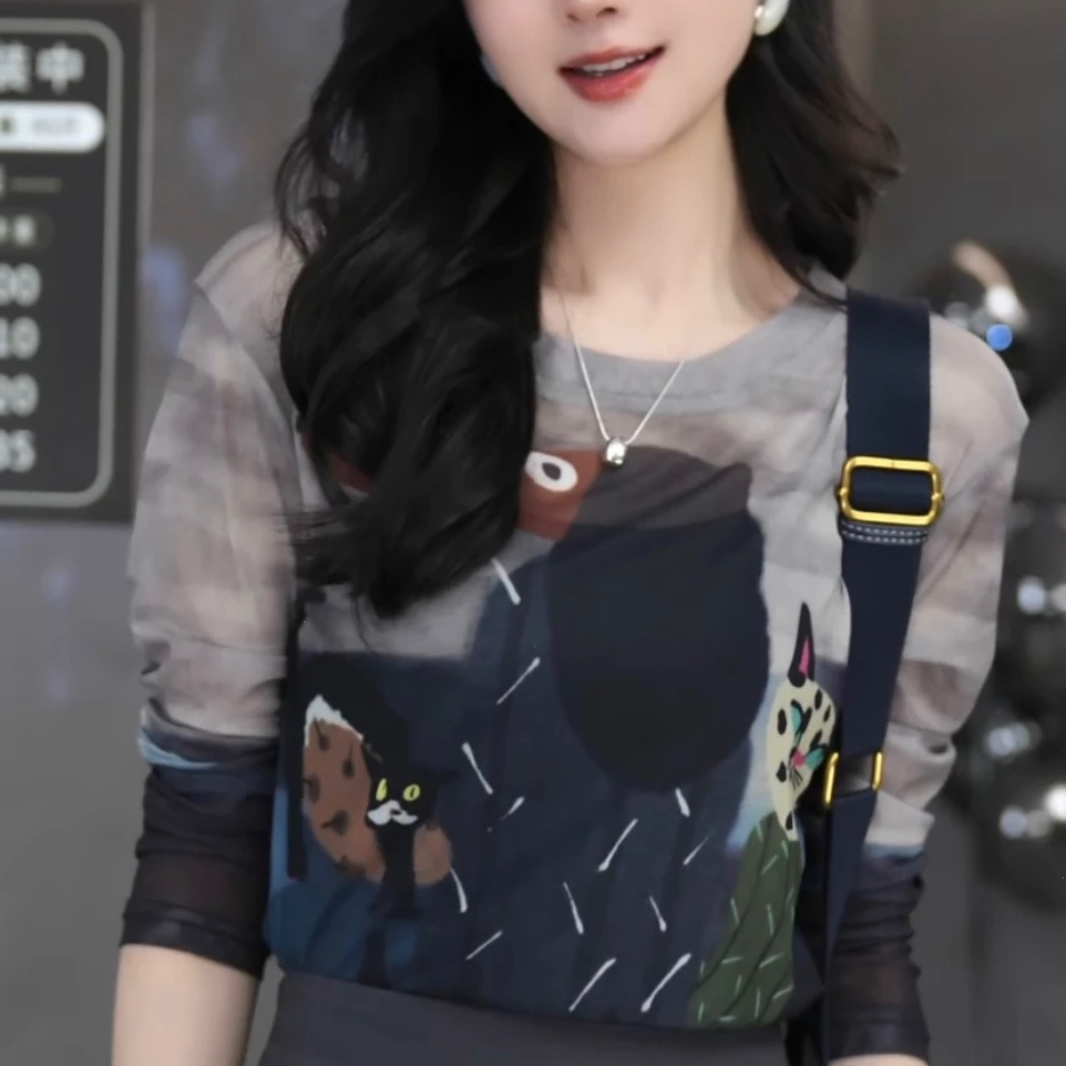 【长袖/短袖】双层网纱 女T恤春夏印染圆领时尚涂鸦夏季休闲A2026