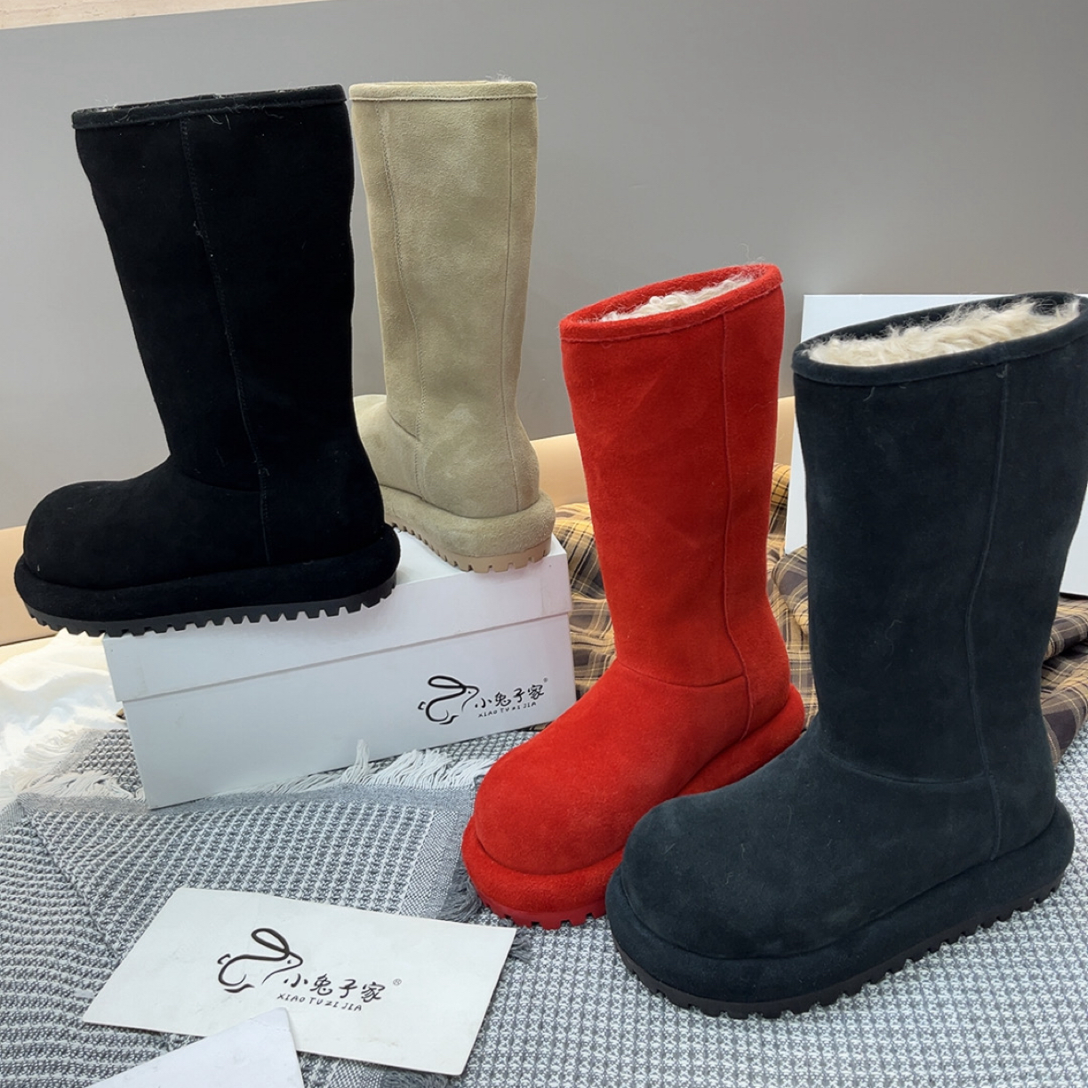 广州欧货【圣诞老人】冬季真皮5cm加厚保暖洋气丑萌时尚厚底雪地靴