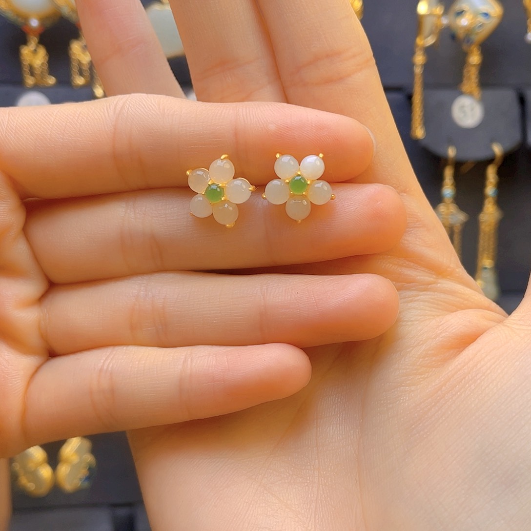 和田玉耳饰银S925镀金镶嵌