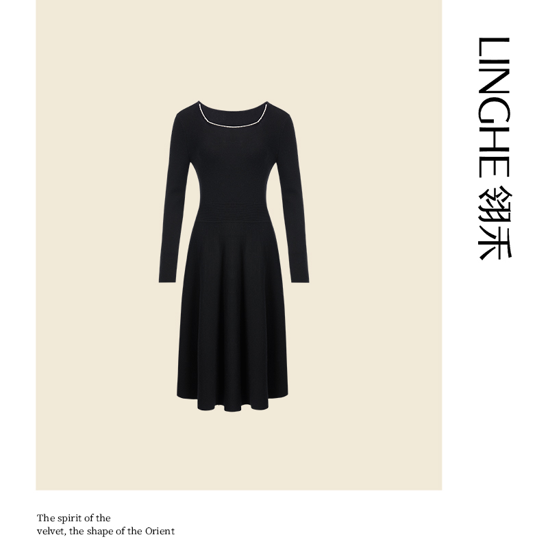 翎禾LINGHE-上新经典针织圆领X型长款修身小黑裙女士
