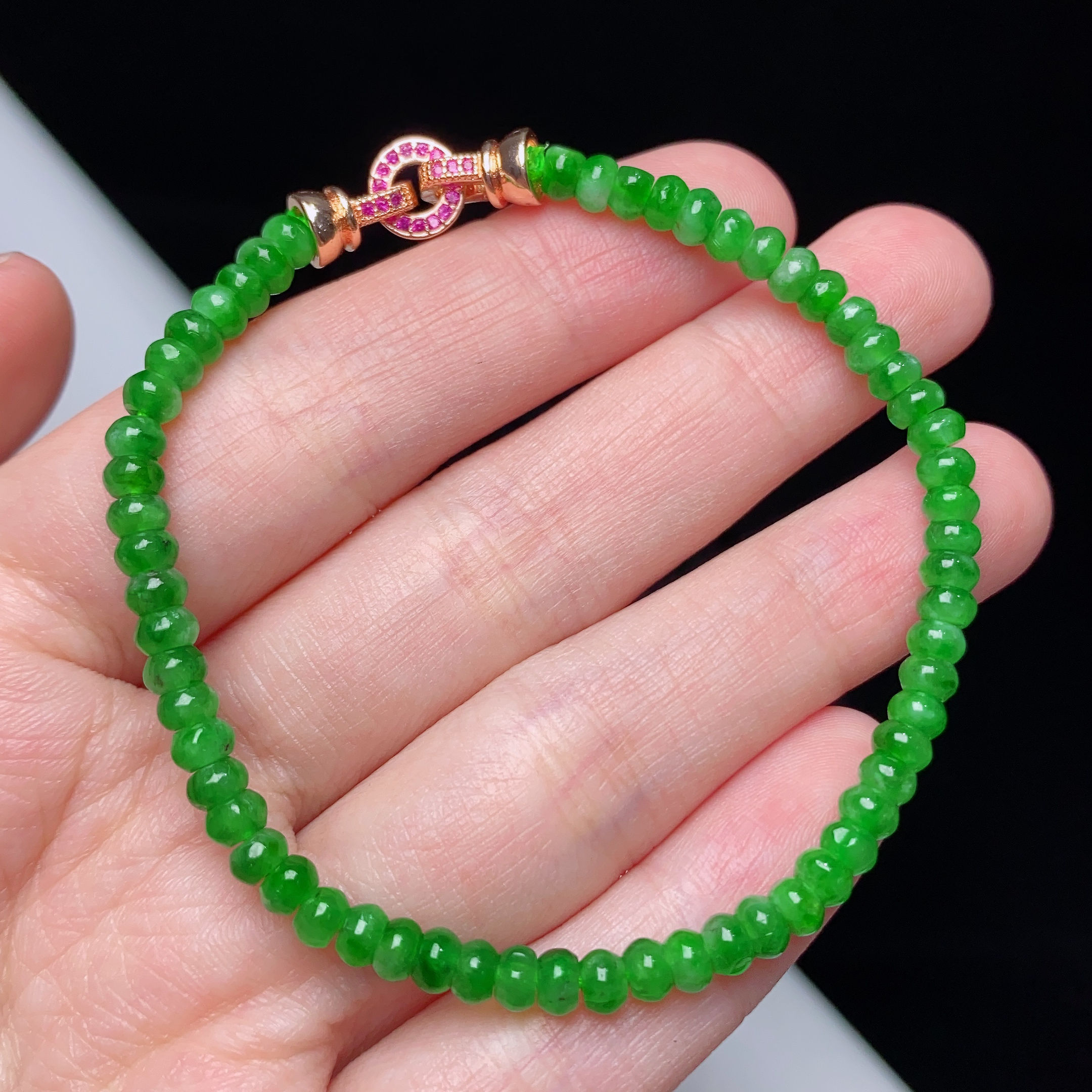 缅甸天然翡翠A货冰种辣绿辣阳绿算盘珠手链卡4mm绿色单圈