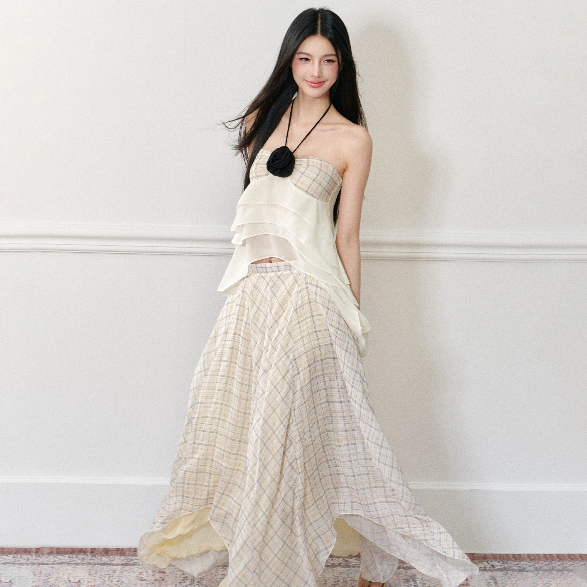 AGAM STUDIO 【官方专享】夏日度假玫瑰挂脖吊带抹胸格纹捏褶长裙