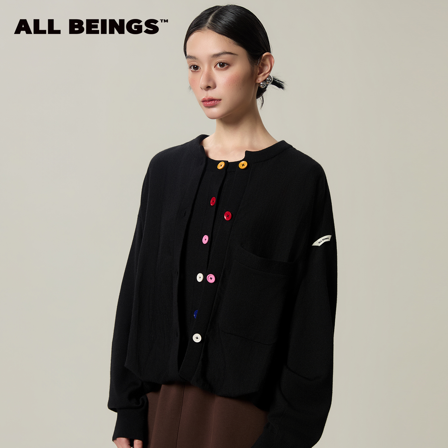ALL BEINGS26SS设计师新款假两件彩扣花苞羊毛针织开衫
