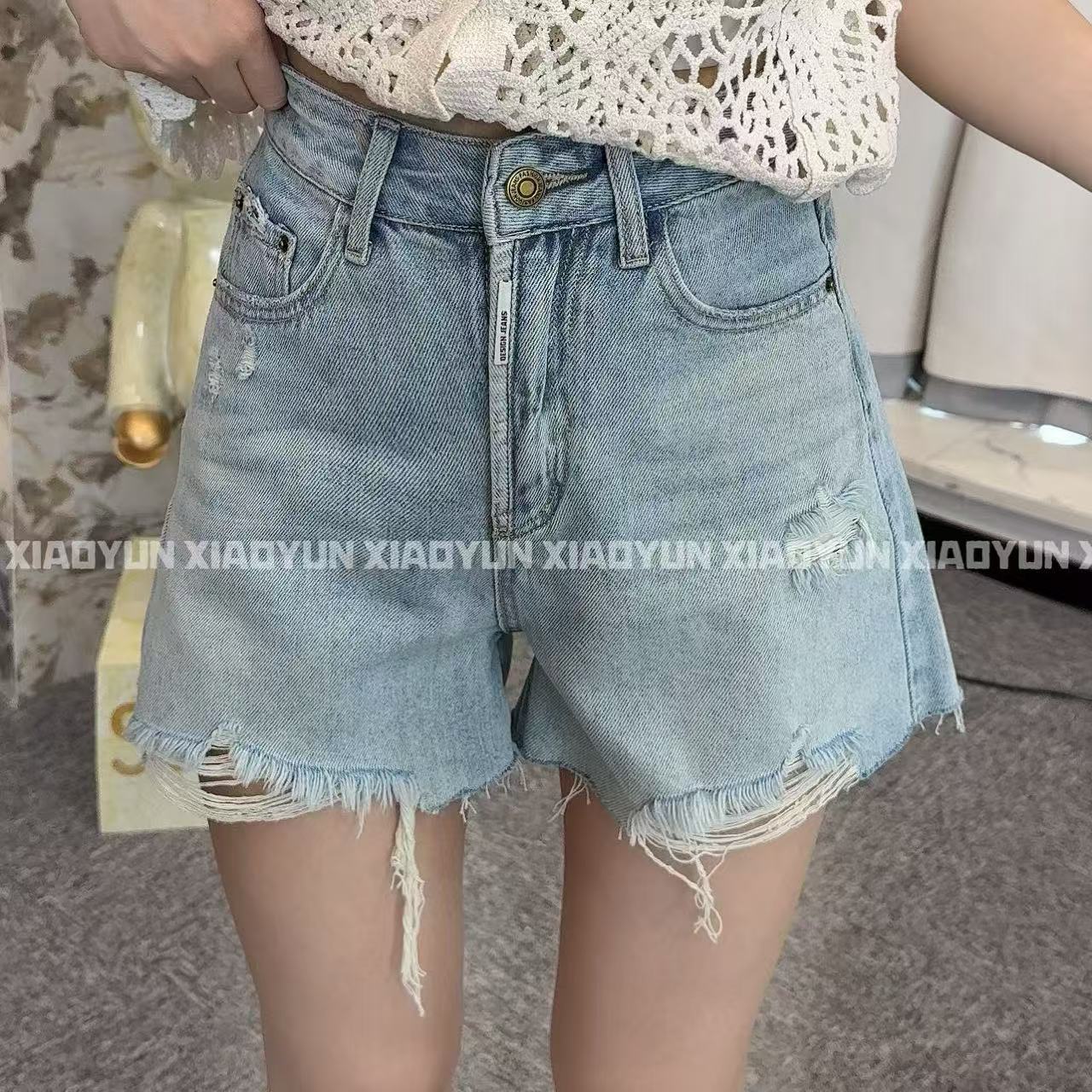 两色破洞短裤 小允姐姐2025新款时尚气质高级两色破洞短裤