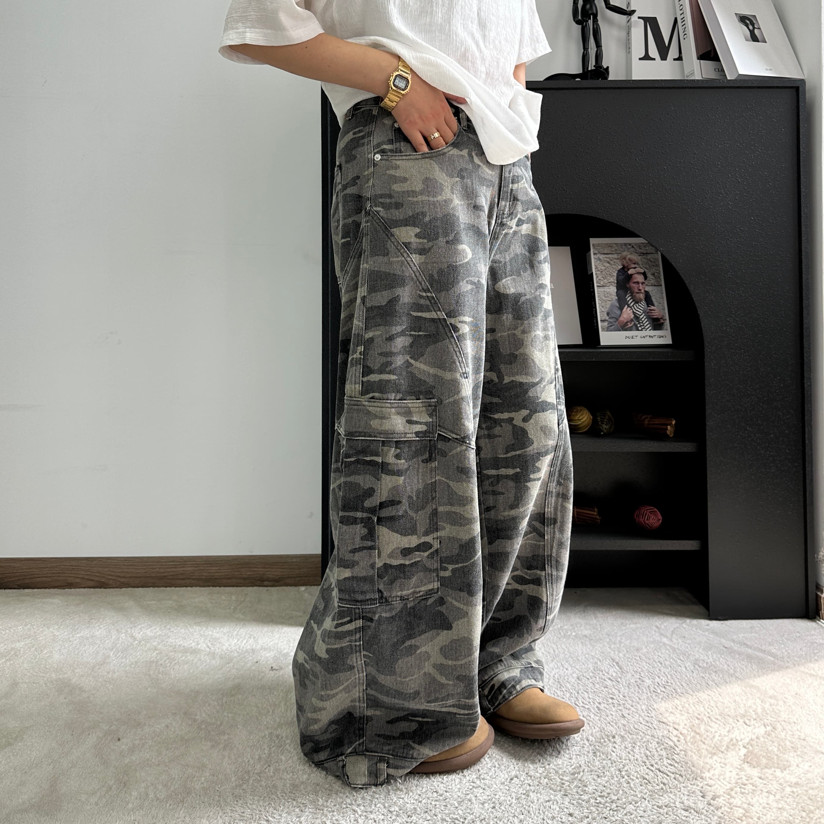 做旧美式休闲迷彩裤免烫处理牛仔裤潮流阔腿裤男女同款长裤弯刀裤