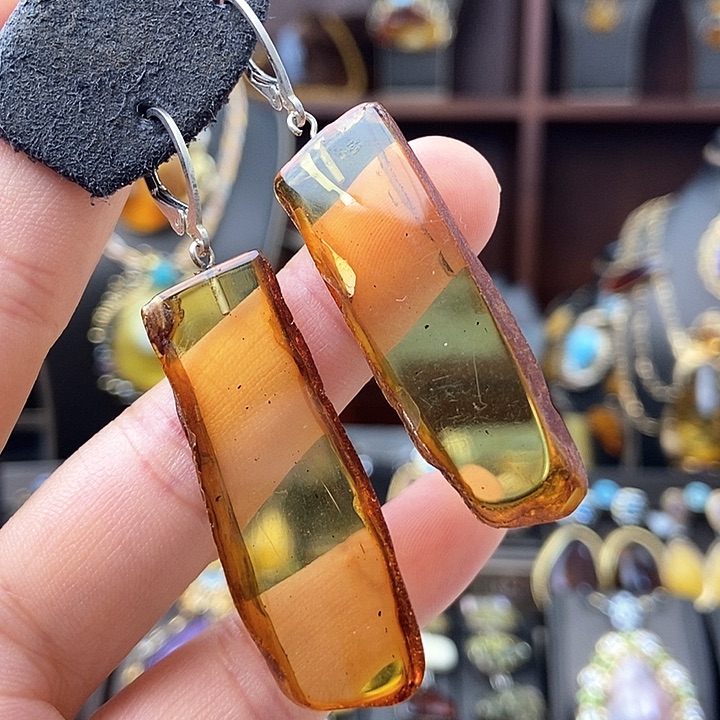 琥珀耳饰银S925镶嵌耳环