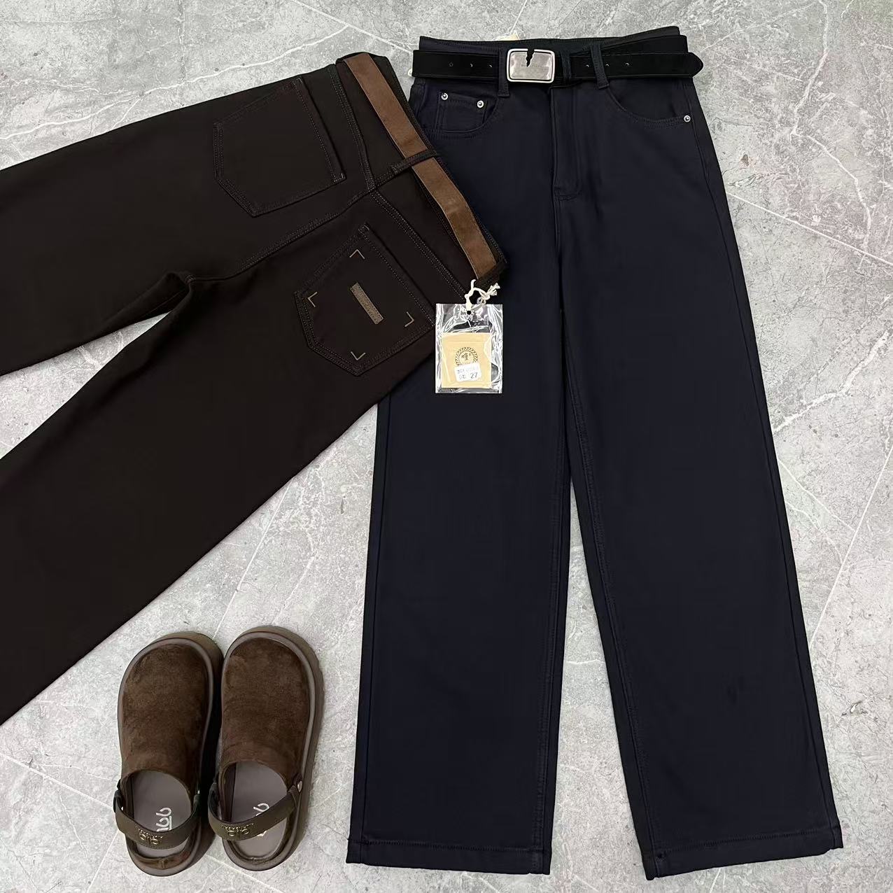 欧货密密绒加绒加厚高腰显瘦弹力高个子拖地直筒阔腿裤牛仔裤子女