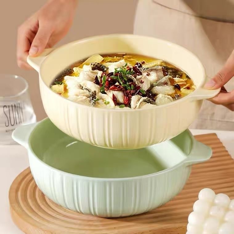 双耳大汤碗2个装奶油色大号竖纹面碗网红多功能家用防烫