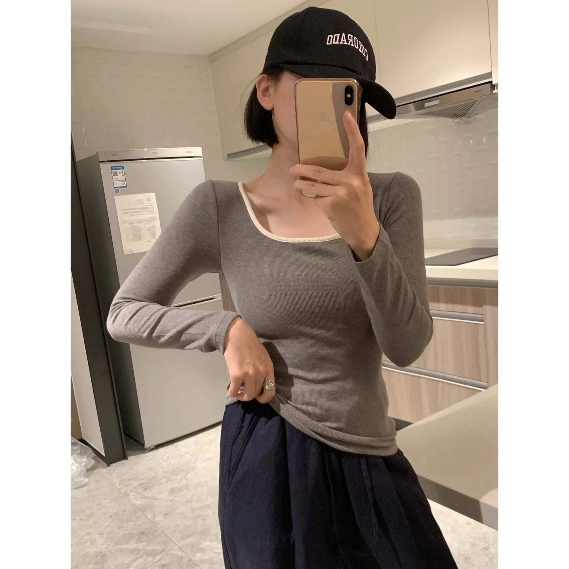 【磨毛绒保暖T】- 自带胸垫舒适必备的螺纹保暖长袖T恤（YW3039#）AWY
