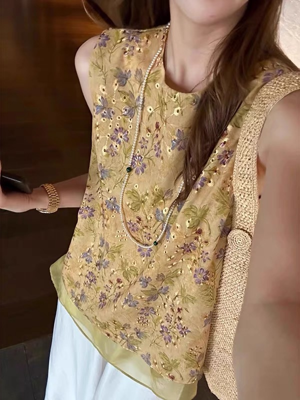 新中式国风连衣裙2025夏季新款圆领印花无袖背心裙中长款潮