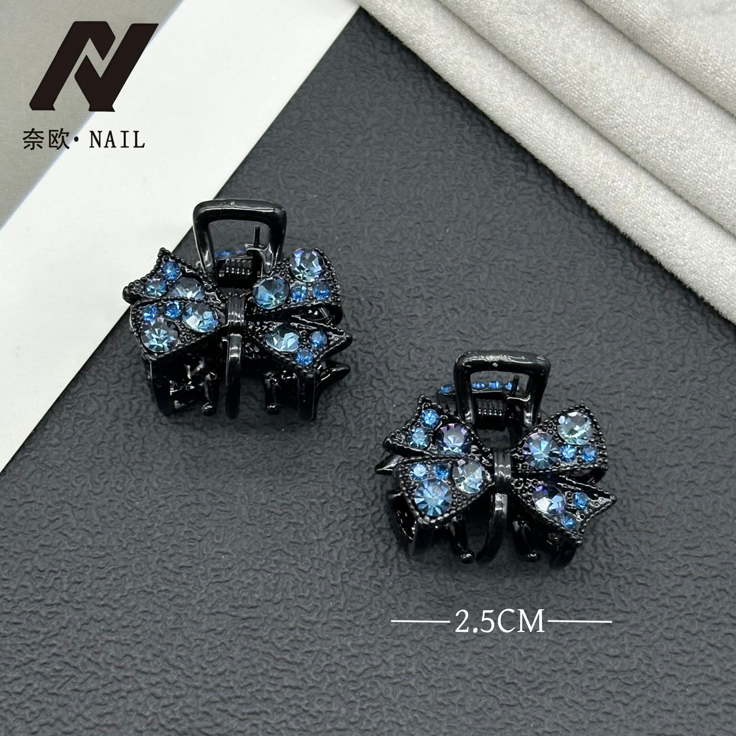 【NAIL·奈欧】设计师系列6460蓝色蝴蝶结半抓夹轻奢满钻刘海顶夹