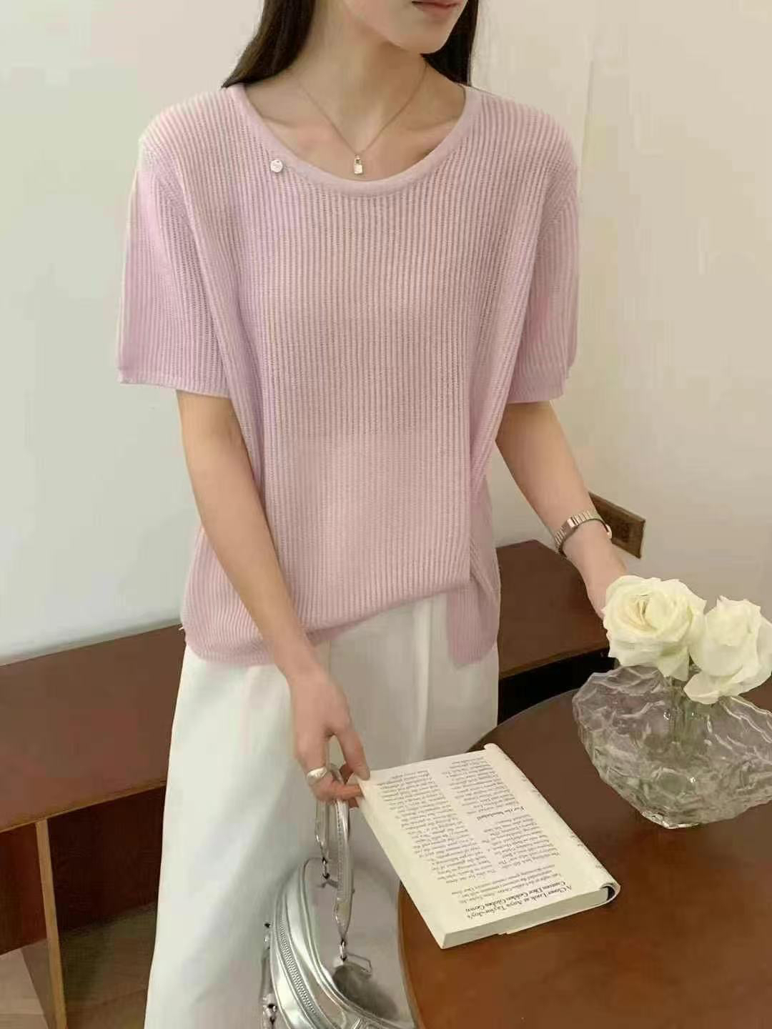 夏季新款侧扣百搭圆领镂空纯色简约短袖针织衫女百搭宽松休闲