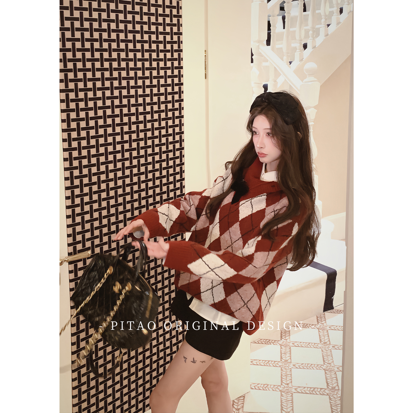 杜屁屁桃PITAO 原创【黑胶唱片】气质百搭秋冬款磨毛简约短裤