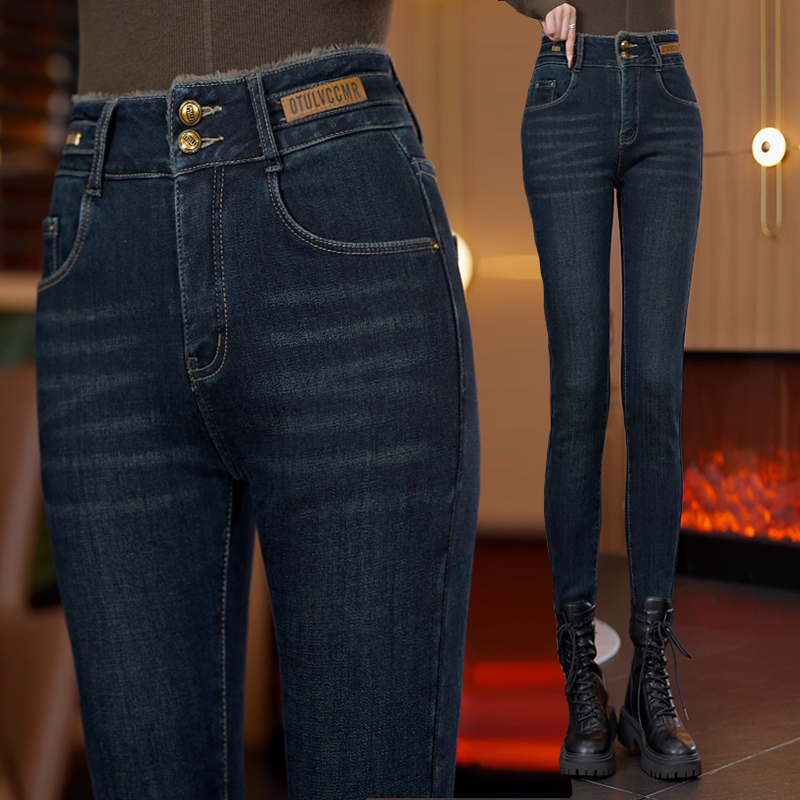 2025秋冬新款牛仔裤加绒加厚小脚裤显瘦打底裤高腰紧身长裤铅笔裤