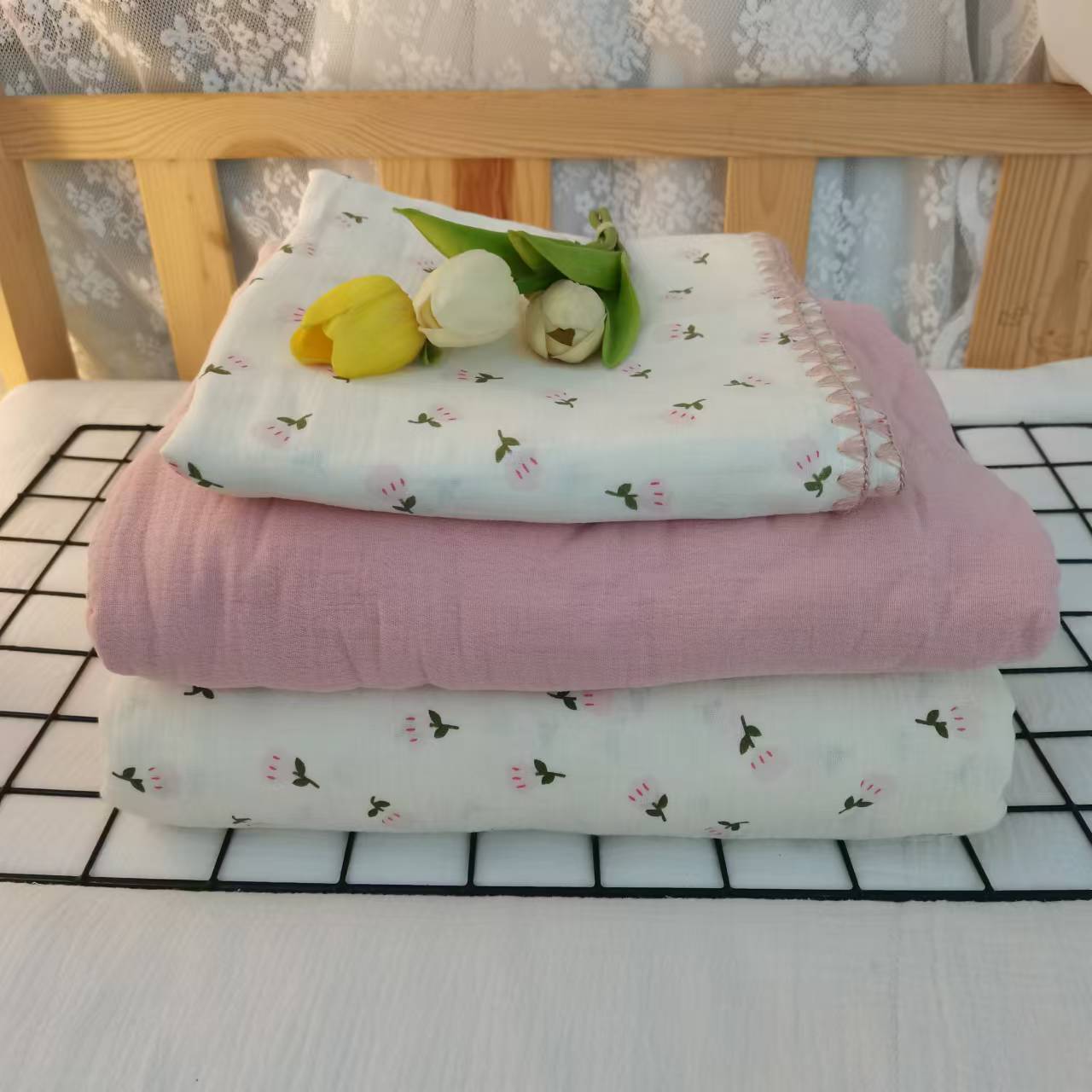 （加大四件套）高端全棉A类棉花糖皱皱纱草木染双层纱加大四件套