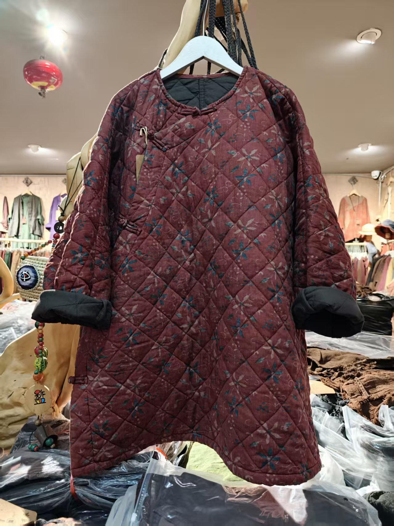 【语禾】F7287冬季亚麻加棉炒色斜襟印花复古加厚棉袄（长82胸围160）