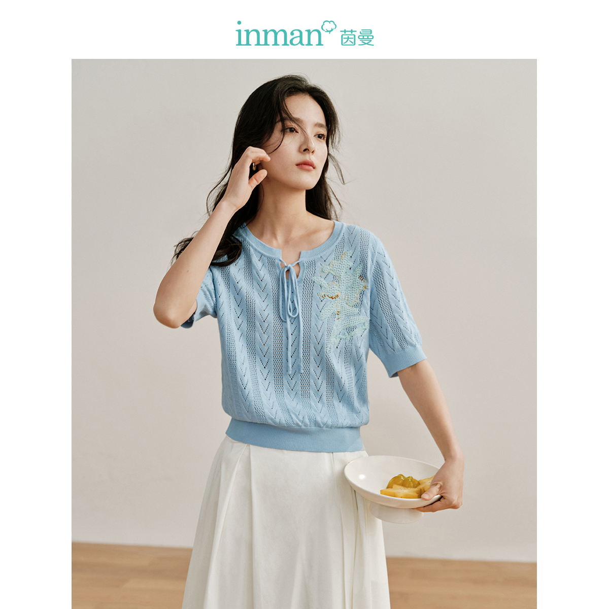 【商场同款】茵曼春秋女毛针织衫上衣毛衣长袖新款短袖气质圆领套头