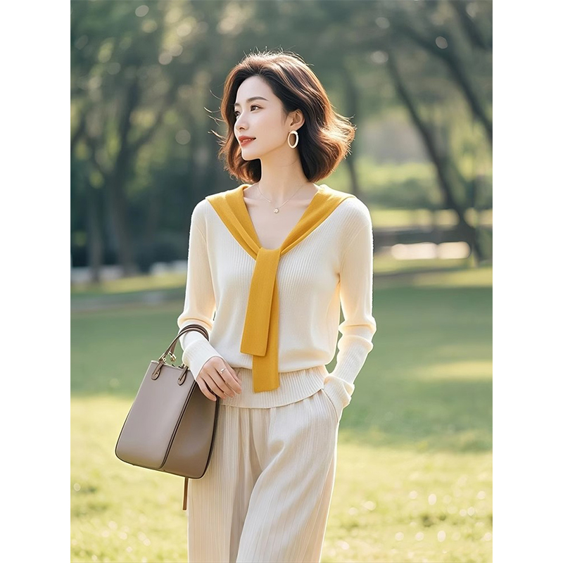 气质披肩慵懒感小众不撞款毛衣2025女装撞色针织衫开春设计感上衣