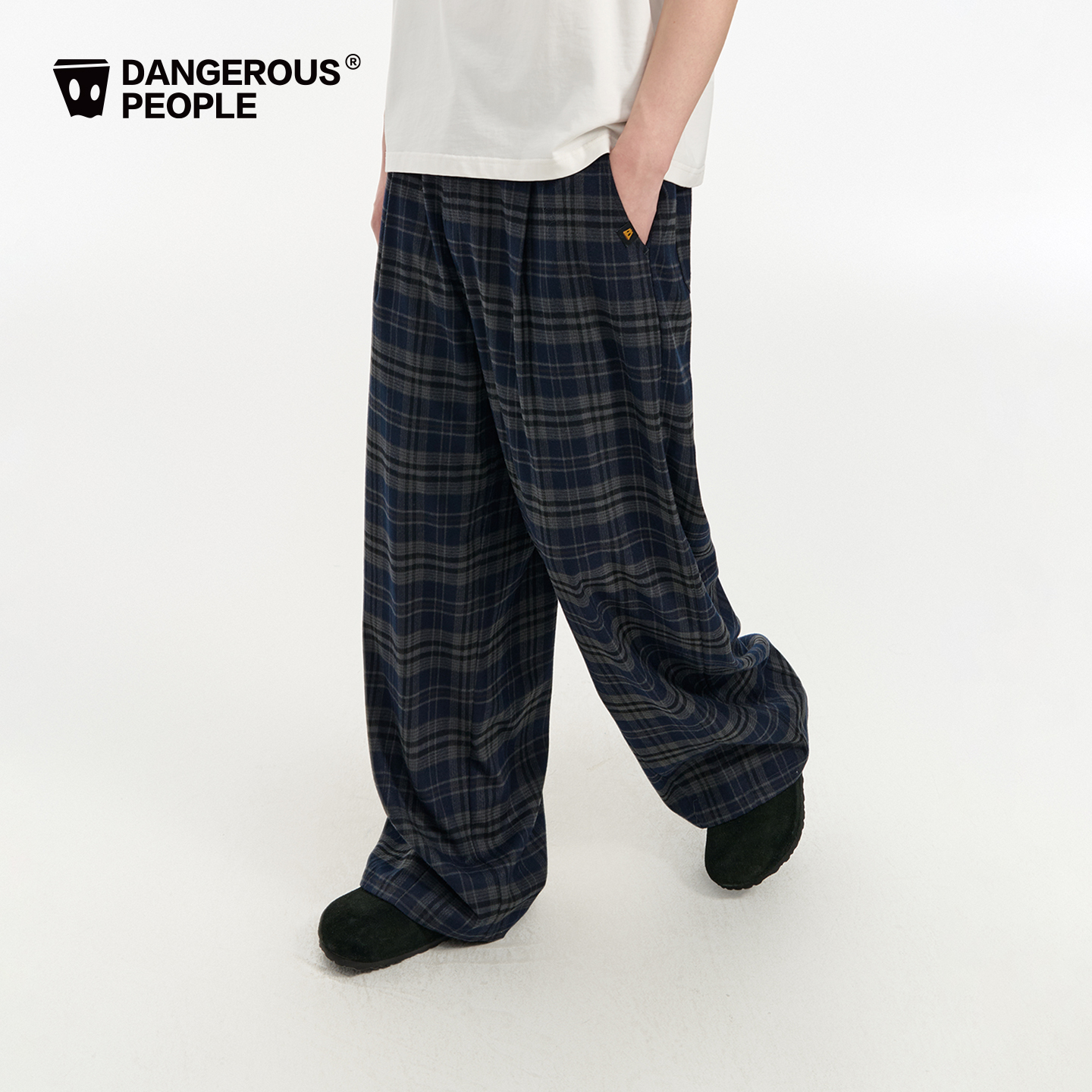 Dangerouspeople薛之谦dsp百搭抽绳格子阔腿裤磨毛宽松休闲长裤