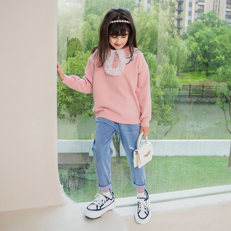 蕾丝花边女童毛衣2025春秋新款儿童打底毛衫秋季女孩套头毛线衣