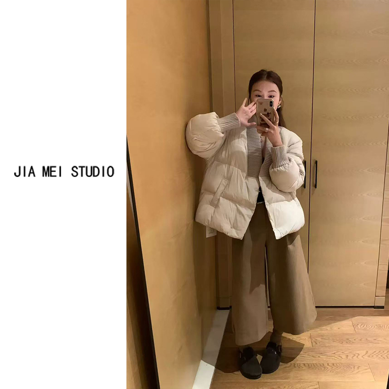 A192韩系V领针织拼接小众简约气质羽绒服女冬小个子加厚保暖外套