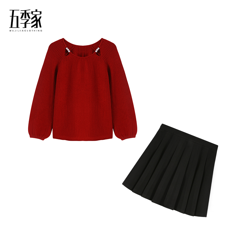 周周-黑色/红色长袖上衣ZL40326套装洋气秋季秋冬针织