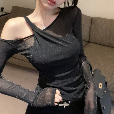纯欲甜辣设计感露肩T恤时尚性感透视细闪独特别致修身显瘦上衣女