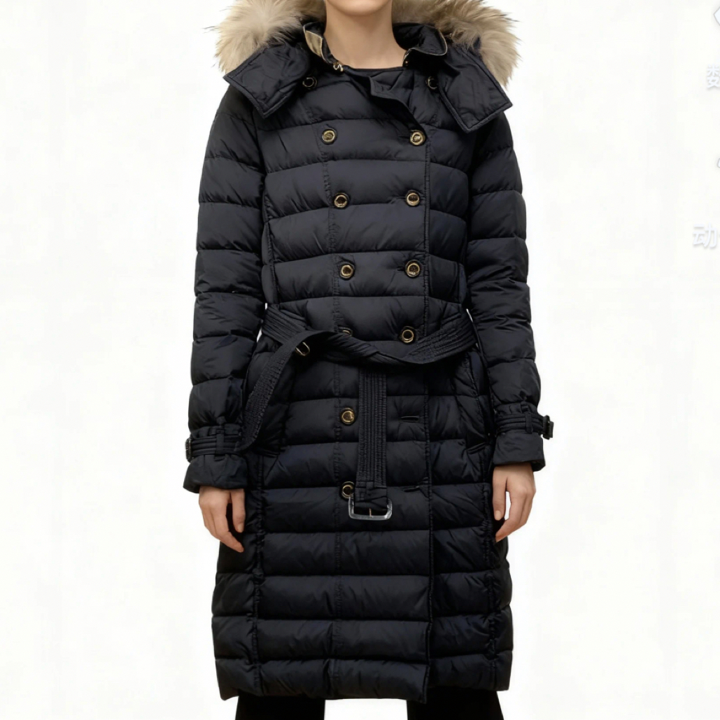 99新 BURBERRY/博柏利 藏蓝色毛领长款羽绒服/B01616/M码/