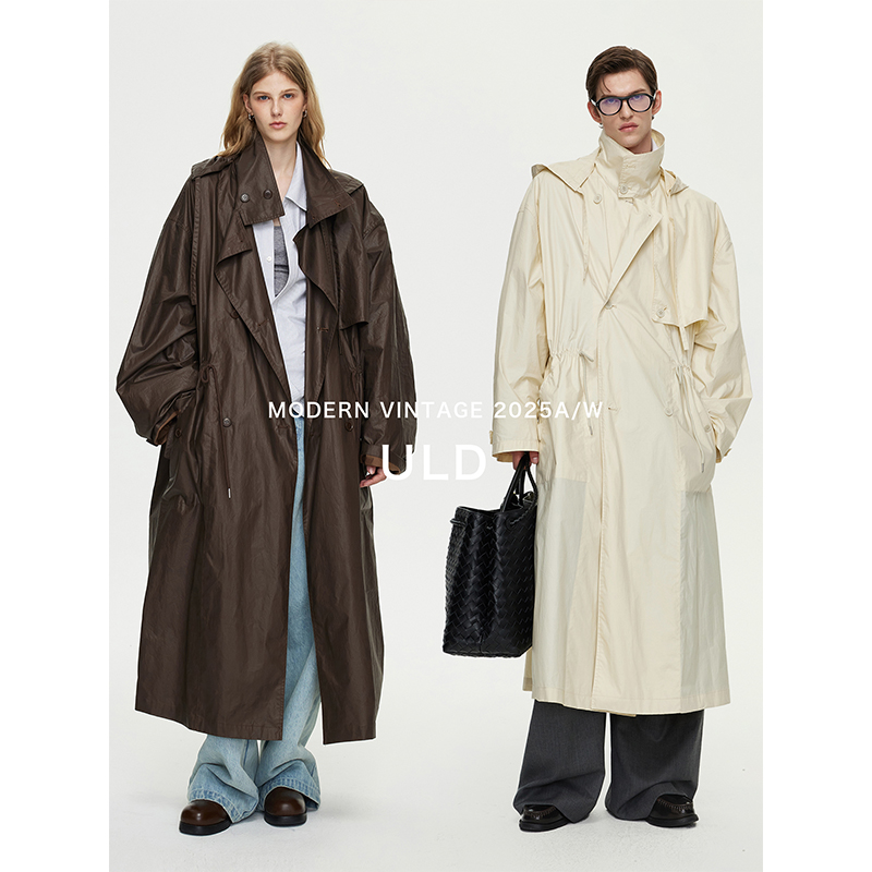 ULD/90s中古london绅士油蜡感褶皱肌理可拆多种穿法抽绳连帽风衣