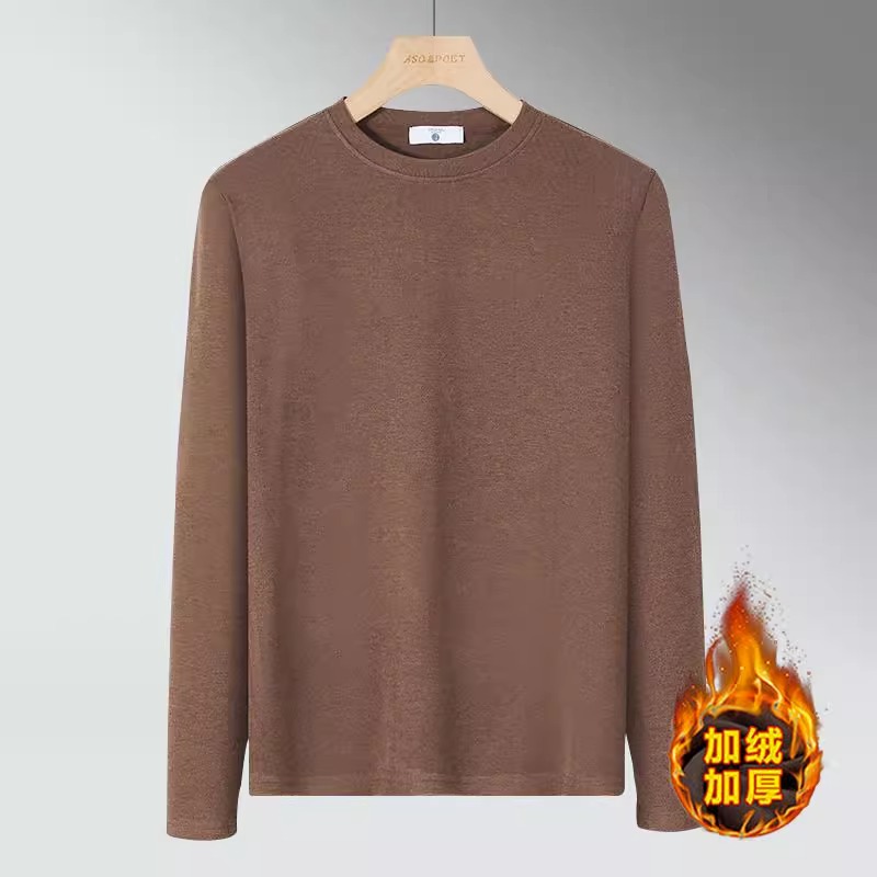上衣服圆领双面T恤保暖长袖加厚百搭加绒纯色秋冬季发热德绒男士