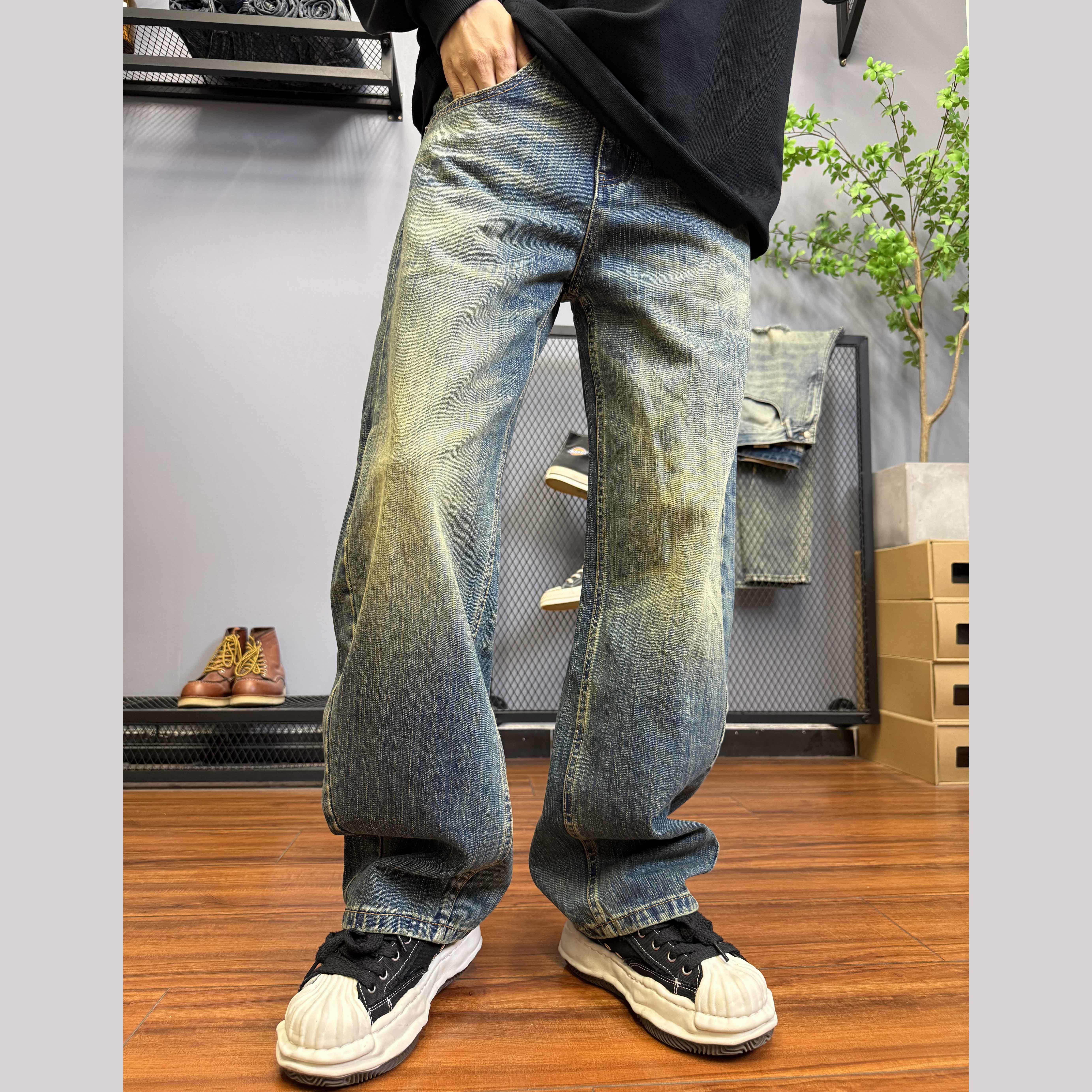 秋季新款复古水洗宽松个性阔腿裤牛仔裤男弯刀裤长裤潮款高街9168