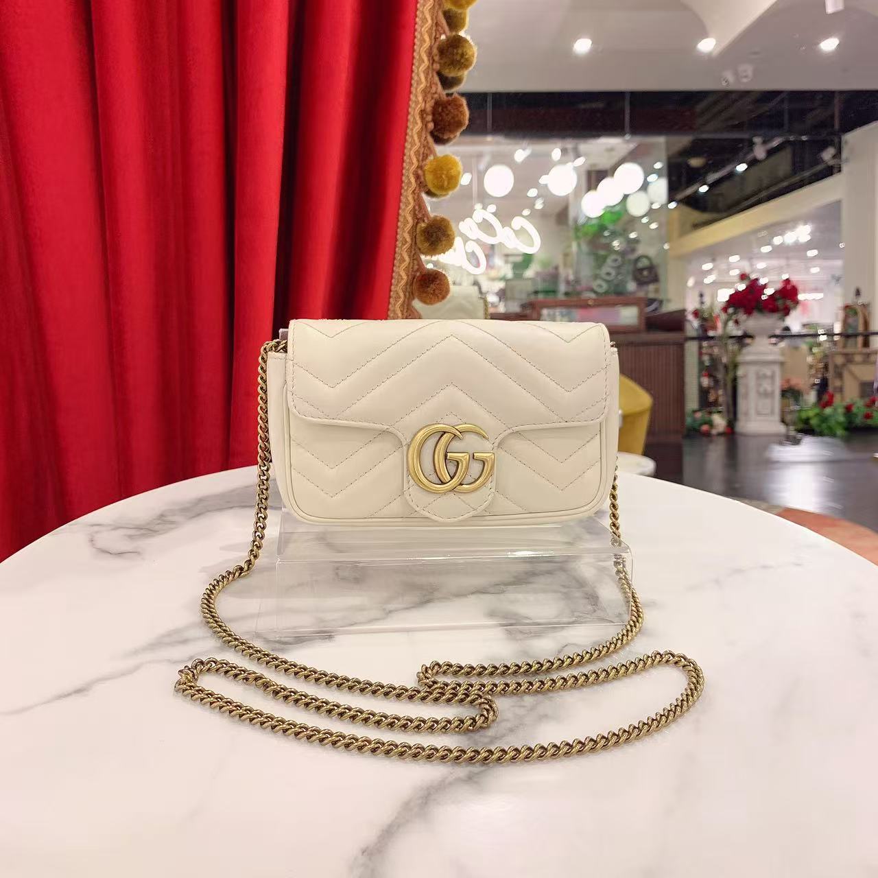95新 GUCCI/古驰 GGS马蒙supermini白色牛皮单肩包 19628191