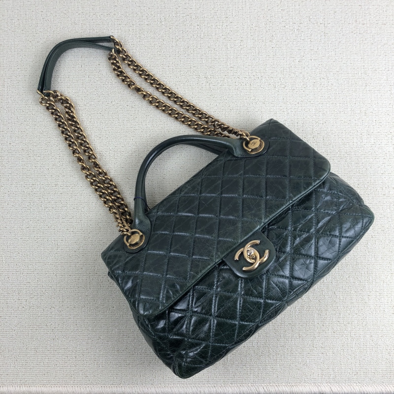 95新 Chanel/香奈儿 墨绿金扣油蜡皮孟买2ways手提包 长32 19开