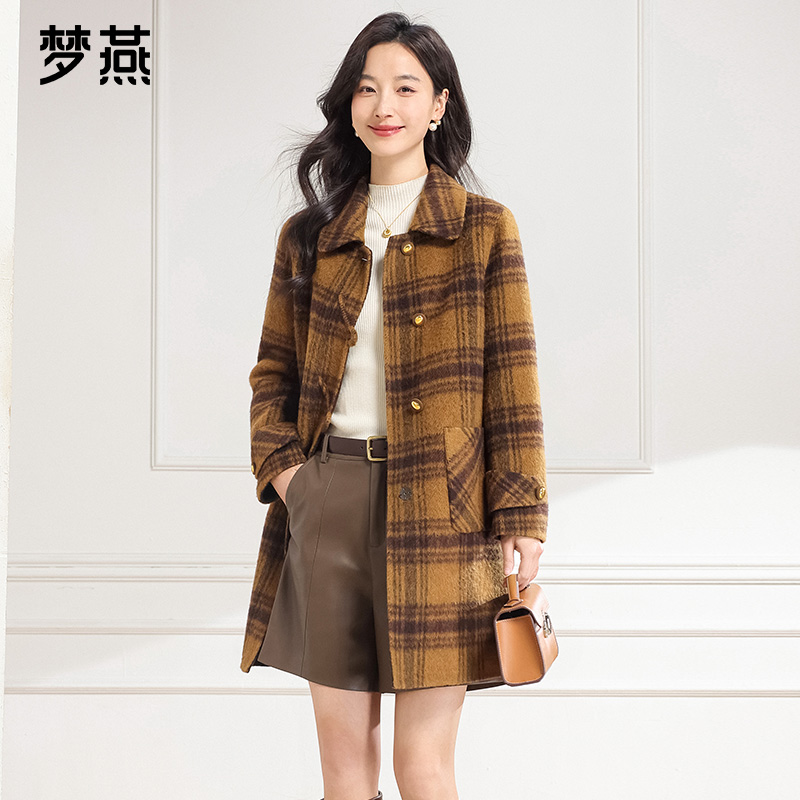 梦燕秋冬女款A字版型小翻领中长款格纹双面呢手工大衣1CA21B5001J
