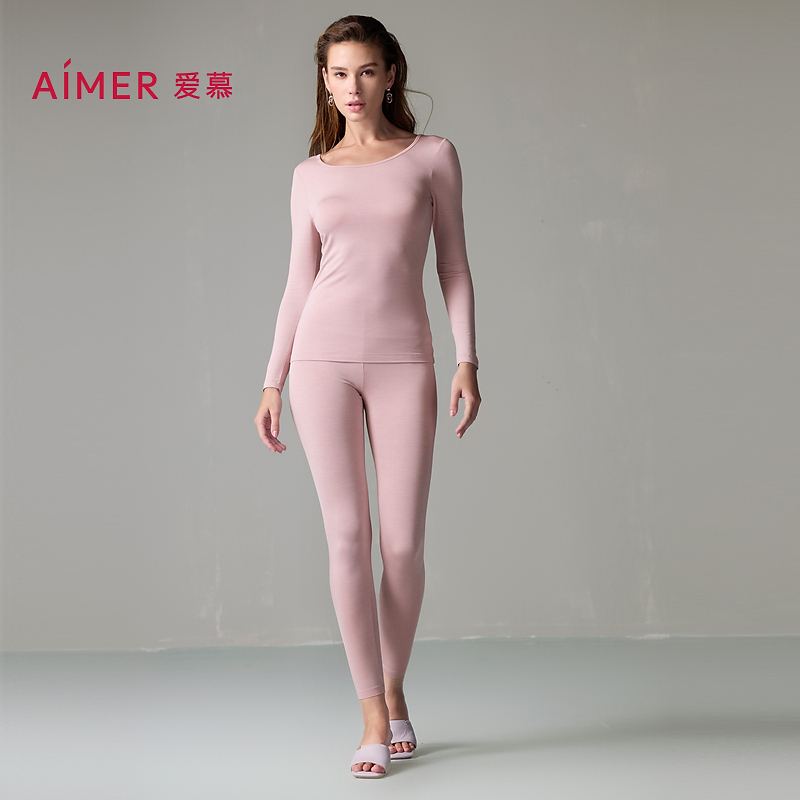 【牛奶系】爱慕沁润女士秋衣秋裤轻暖圆领长袖长裤套装AM74A501