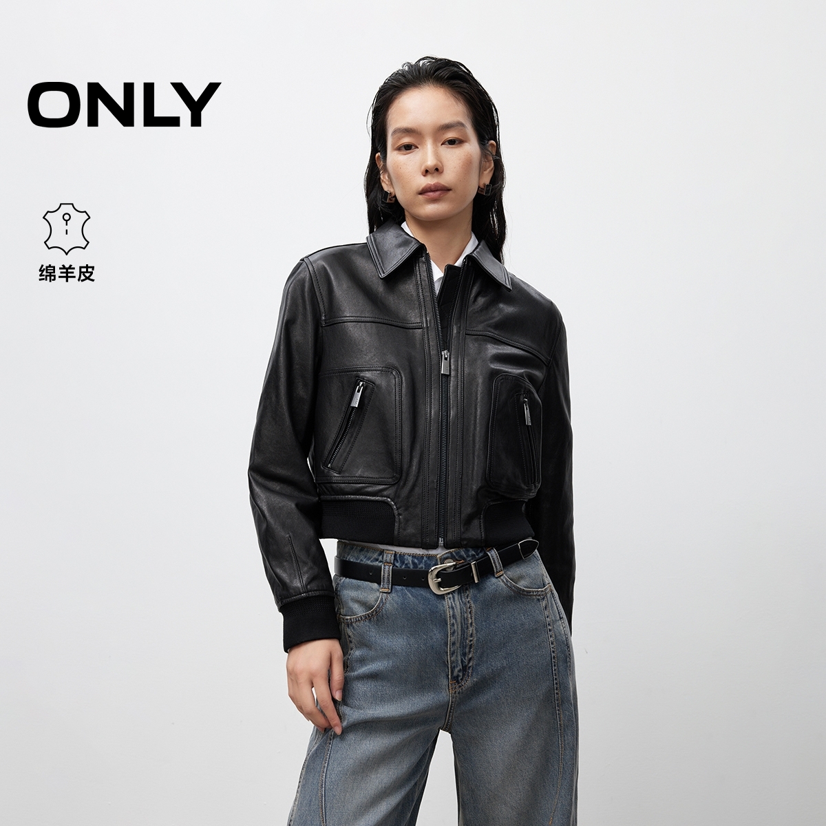 ONLY2025秋季新款帅气干练直筒正肩纯色短款皮衣外套女|125310007