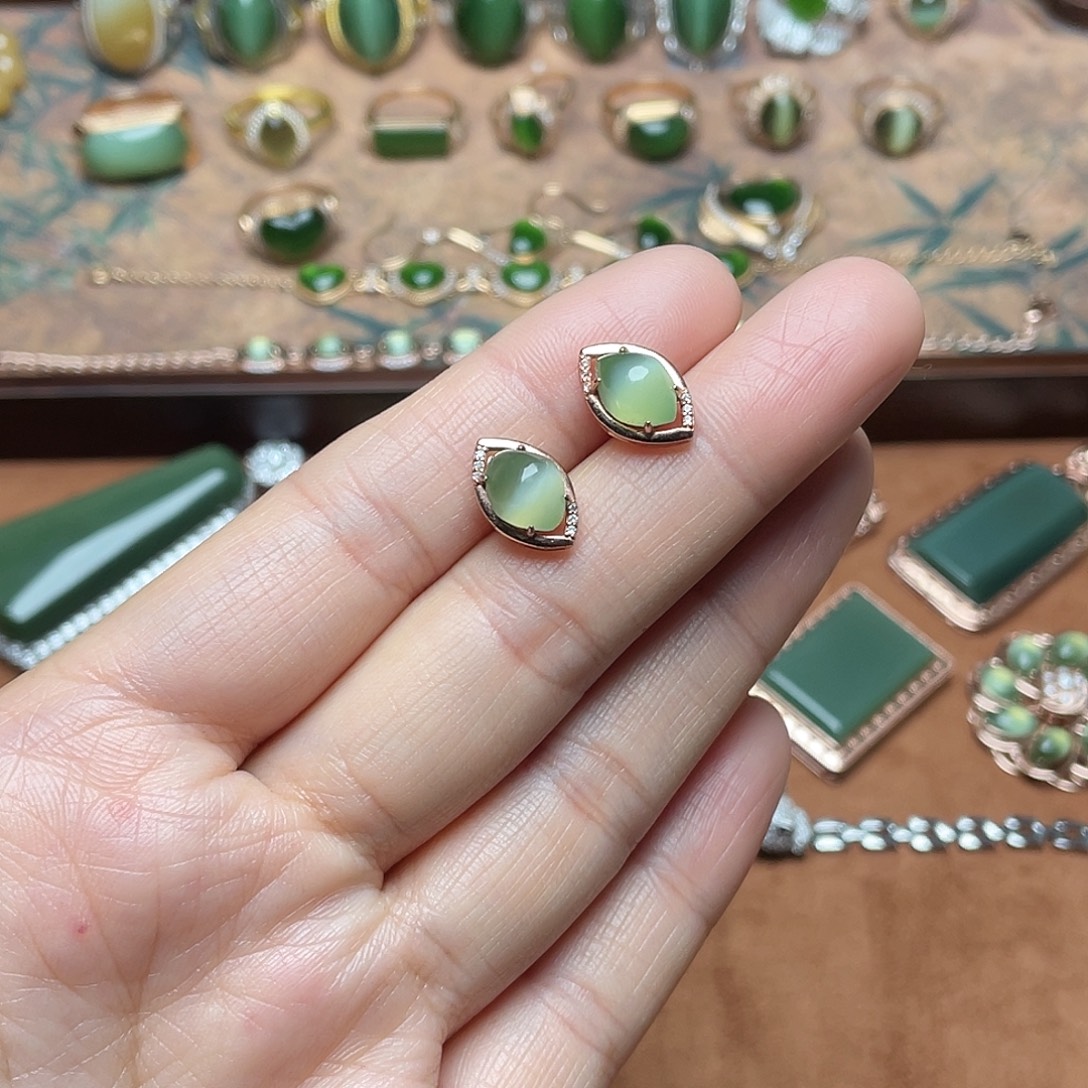 和田玉（碧玉）银S925镶嵌吊坠(不含链)耳钉