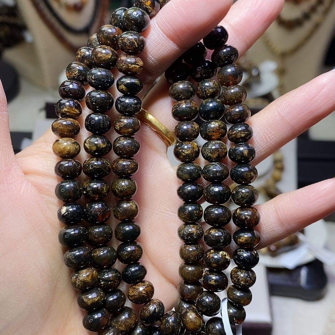 琥珀未镶嵌裸石黑金蜡花8