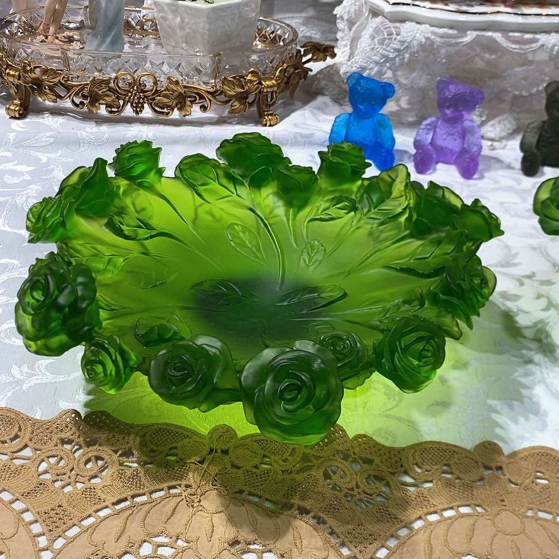 摆件QAA258脱蜡水晶玫瑰花果盘